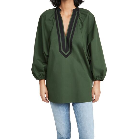 Tory Burch Size L Puffed-sleeve Tunic Blouse Banyan Green 100% Cotton - Picture 1 of 7
